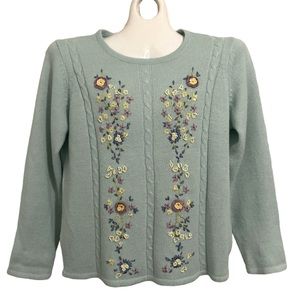 Vintage Green Floral Embroidered Sweater